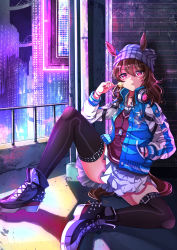 Rule 34 | 1girl, animal ears, beanie, black thighhighs, blue jacket, bracelet, brown hair, building, candy, city lights, collared jacket, collared shirt, commentary request, ears through headwear, food, full body, grey shirt, hand in pocket, hat, headphones, headphones around neck, hero (10cl3), high tops, highres, holding, holding candy, holding food, holding lollipop, horse ears, horse girl, horse tail, jacket, jewelry, knee up, lollipop, long hair, long sleeves, looking at viewer, miniskirt, nakayama festa (umamusume), outdoors, parted lips, pleated skirt, popped collar, purple eyes, red sweater, shirt, shoes, sitting, skirt, skyscraper, sneakers, solo, spiked shoes, spikes, sweater, sweater vest, tail, thighhighs, triangle mouth, umamusume, white skirt