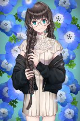 Rule 34 | 1girl, black-framed eyewear, black jacket, blue background, blue flower, blunt bangs, blush, braid, brown hair, cleavage cutout, closed mouth, clothing cutout, commentary request, cowboy shot, dress, flower, flower request, glasses, hair tie, head tilt, highres, jacket, long hair, long sleeves, nemophila (flower), off shoulder, open clothes, open jacket, original, playing with own hair, round eyewear, short sleeves, smile, solo, standing, tareme, twin braids, unzipped, usamochi., very long hair, white dress, zipper