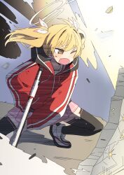 Rule 34 | 1girl, absurdres, assault rifle, black thighhighs, blonde hair, blue archive, blush, brown eyes, commentary request, drawstring, fang, firing, fn scar, gun, hair between eyes, hair ribbon, halo, highres, holding, holding gun, holding weapon, hood, hood down, hooded jacket, jacket, korean commentary, long hair, long sleeves, looking away, luke (dydansgur), one eye closed, open mouth, pink skirt, pleated skirt, puffy long sleeves, puffy sleeves, red jacket, ribbon, rifle, shoes, skirt, sleeves past wrists, solo, thighhighs, twintails, v-shaped eyebrows, weapon, white footwear, white ribbon, yoshimi (blue archive)