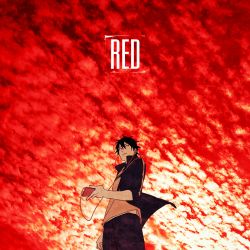 Rule 34 | 1boy, averting eyes, black hair, collared jacket, cowboy shot, digital media player, earphones, english text, from below, from side, frown, jacket, kagerou project, kisaragi shintarou, male focus, nekome3, red eyes, red sky, red theme, sky, solo, standing