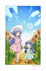 Rule 34 | 2girls, absurdres, aged down, arm up, armpits, bad id, bad pixiv id, blue hair, blush stickers, child, cloud, commentary request, day, dress, closed eyes, flower, full body, furude rika, hand on headwear, hanyuu, hat, highres, higurashi no naku koro ni, holding hands, kototoki, long hair, multiple girls, open mouth, outdoors, pink dress, purple eyes, purple hair, sandals, sketch, sky, smile, sun hat, sundress, sunflower, traditional media, walking