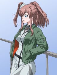 Rule 34 | 1girl, akito (sub707), anchor, blue eyes, breast pocket, breasts, brown hair, commentary request, dress, gradient background, green jacket, grey background, hair between eyes, hands in pockets, highres, jacket, kantai collection, large breasts, long hair, pocket, ponytail, railing, saratoga (kancolle), saratoga mk ii (kancolle), side ponytail, sidelocks, solo, white dress