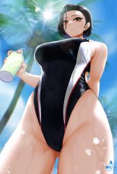 Rule 34 | 1girl, arm behind back, artist logo, artist name, black hair, black one-piece swimsuit, blue sky, breasts, brown eyes, commentary request, competition swimsuit, cowboy shot, cup, day, disposable cup, drinking straw, from below, highleg, highleg swimsuit, highres, holding, holding cup, infinote, large breasts, looking at viewer, one-piece swimsuit, original, outdoors, palm tree, short hair, sky, solo, standing, sunlight, swimsuit, tree, wet, yashiki yuuko (infinote)
