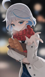 Rule 34 | 1girl, absurdres, ahoge, alternate costume, bag, baguette, blue eyes, blue hair, blue skirt, blurry, blurry background, blush, bread, brown bag, coat, commentary, dongyu, eyelashes, food, furina (genshin impact), genshin impact, hair between eyes, heterochromia, highres, holding, holding bag, light blue hair, looking at viewer, multicolored hair, paper bag, pleated skirt, reaching, reaching towards viewer, red scarf, scarf, short hair, skirt, smile, solo, white hair