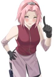 Rule 34 | 1girl, absurdres, alternate eye color, bare shoulders, black gloves, black shorts, blush, byeon dha, commentary, cowboy shot, forehead, gloves, hairband, hand on own hip, hand up, haruno sakura, highres, index finger raised, looking at viewer, naruto (series), naruto shippuuden, pink eyes, pink hair, pink lips, red hairband, red shirt, shirt, shorts, sleeveless, sleeveless shirt, smile, solo, standing
