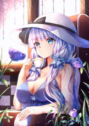 Rule 34 | 1girl, armchair, azur lane, bare arms, bare shoulders, black bow, blue eyes, blush, bow, breasts, chahei, chair, cleavage, closed mouth, commentary request, cup, dated, dress, flower, hair ornament, hat, hat bow, highres, holding, holding cup, illustrious (azur lane), indoors, large breasts, long hair, looking away, mole, mole under eye, purple dress, purple flower, signature, silver hair, sleeveless, sleeveless dress, smile, solo, sunlight, very long hair, white hat, window