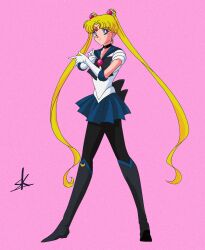 Rule 34 | 1990s (style), absurdres, adapted costume, back bow, bishoujo senshi sailor moon, black bow, black bowtie, black choker, black footwear, black pantyhose, blonde hair, blue eyes, blue sailor collar, blue skirt, boots, bow, bowtie, choker, circlet, commission, crescent, crescent earrings, double bun, earrings, elbow gloves, gloves, gold earrings, hair bun, high heel boots, high heels, highres, jewelry, long hair, long legs, miniskirt, pantyhose, parted bangs, pixiv commission, pleated skirt, retro artstyle, sailor collar, sailor moon, shirt, short sleeves, sk (sk-jp), skirt, solo, tsukino usagi, twintails, very long hair, white gloves, white shirt