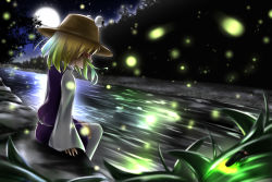 Rule 34 | 1girl, aru0607, blonde hair, brown hat, bug, dutch angle, facing away, fireflies, firefly, forest, full moon, grass, hair ribbon, hat, insect, moon, moriya suwako, nature, night, outdoors, ribbon, river, rock, scenery, sidelocks, sitting, sitting on rock, skirt, skirt set, sky, sleeves past wrists, solo, star (sky), starry sky, thighhighs, touhou, white thighhighs