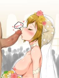 Rule 34 | 1boy, 1girl, absurdres, arm strap, blonde hair, blush, bouquet, breasts, bridal veil, censored, choker, closed mouth, collarbone, commentary request, completely nude, crowd, dress, echihiro, erection, closed eyes, flower, from side, hair flower, hair ornament, heart, hetero, highres, ibuki tsubasa, idolmaster, idolmaster million live!, kissing penis, medium breasts, mosaic censoring, nipples, nose blush, nude, parted lips, penis, pink flower, profile, see-through, short hair, solo focus, speech bubble, veil, wedding dress, white choker, yellow flower