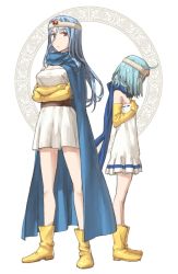 Rule 34 | 2girls, blue hair, boots, breast envy, breasts, cape, chunsoft, circlet, dragon quest, dragon quest iii, dress, dual persona, elbow gloves, enix, female focus, full body, gloves, large breasts, long hair, multiple girls, red eyes, sage (dq3), shoe-ji, short hair, standing, sweatdrop, white background, aged down