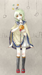 Rule 34 | 1girl, :|, arms at sides, black socks, blue sailor collar, brown poncho, closed mouth, commentary request, crescent, dress, extra arms, floating headgear, food, fruit, green hair, half-closed eyes, hands up, headgear, highres, kneehighs, lace, lace-trimmed dress, lace trim, layered clothes, levitating orange, looking at viewer, mandarin orange, medium hair, monochrome background, necktie, nekota kotaro, nizimine kakoi, open hands, paper texture, planet, poncho, radio antenna, red footwear, red necktie, sailor collar, short eyebrows, skyline, socks, solo, standing, utau, white dress, zipper, zipper pull tab