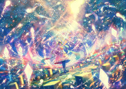 Rule 34 | 1girl, aqua eyes, arm up, black footwear, blue eyes, boots, commentary request, crystal, day, field, flower, flower field, glowing, hand up, hatsune miku, highres, light particles, long hair, long sleeves, looking up, magic, open mouth, outdoors, pleated skirt, sakimori (hououbds), scenery, skirt, smile, solo, standing, stone floor, sunlight, thigh boots, thighhighs, tree, very long hair, vocaloid, wide sleeves