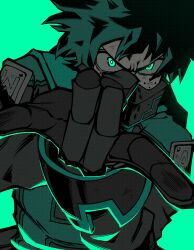 Rule 34 | 1boy, absurdres, badge, black bodysuit, black gloves, bodysuit, boku no hero academia, bright pupils, clothing request, commentary, covered mouth, film grain, flat color, flick, foreshortening, freckles, furrowed brow, gloves, glowing, glowing eyes, green background, green eyes, green hair, green theme, halftone, hands up, highres, incoming attack, limited palette, looking at viewer, male focus, midoriya izuku, \n/, obarii, official alternate costume, outstretched arm, scratches, serious, short hair, simple background, solo, thick outlines, upper body, v-shaped eyebrows, white pupils