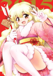 Rule 34 | 10s, 1girl, 2015, arrow (projectile), blonde hair, blush, ema, gloves, hamaya, horns, japanese clothes, kimono, long hair, looking at viewer, marugoshi (54burger), new year, obi, open mouth, original, sash, sheep horns, simple background, smile, solo, thighhighs, v, white gloves, white thighhighs, yellow eyes