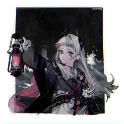 Rule 34 | 1girl, ammunition belt, arknights, arm up, artist name, black eyes, black gloves, black jacket, border, capelet, closed mouth, earrings, gloves, grey capelet, grey hair, head wings, highres, holding, holding lantern, irene (arknights), jacket, jewelry, lantern, lighthouse, long hair, looking at viewer, outdoors, outside border, rain, scar, scar across eye, scar on face, sheath, sheathed, solo, sword, very long hair, weapon, white border, wings, zamwangwang