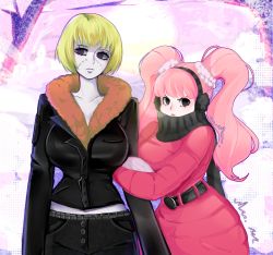 Rule 34 | 2girls, black eyes, black jacket, blonde hair, closed mouth, highres, jacket, long hair, looking at viewer, multiple girls, one piece, perona, pink hair, short hair, source request, tagme, twintails, uncensored, victoria cindry, zombie