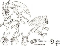 Rule 34 | 00s, bird, bird wings, character sheet, claws, digimon, digimon (creature), digimon adventure (movie), full body, highres, jewelry, looking to the side, monochrome, multiple views, no humans, official art, open mouth, parrotmon, ring, scan, sharp teeth, simple background, solo, tail, teeth, toei animation, translation request, white background, wings