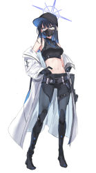 Rule 34 | 1girl, absurdres, bare shoulders, baseball cap, belt, black gloves, black hair, blue archive, blue eyes, blue hair, breasts, coat, contrapposto, full body, gloves, gun, halo, hand on own hip, hat, highres, holding, holding gun, holding weapon, long hair, mask, medium breasts, midriff, mouth mask, multicolored hair, off shoulder, saori (blue archive), simple background, sketch, sleeveless, solo, standing, thigh gap, toshizou (0714), tsurime, two-tone hair, very long hair, weapon, white background, white coat