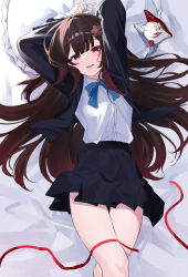 Rule 34 | 1girl, absurdres, arms up, bed sheet, black jacket, black skirt, blue bow, blue bowtie, bow, bowtie, brown hair, butterfly-shaped pupils, comorebi, crossed legs, fox mask, head on pillow, highres, honkai: star rail, honkai (series), jacket, long hair, looking at viewer, lying, mask, on back, on bed, pink eyes, red ribbon, ribbon, shirt, skirt, solo, sparkle (honkai: star rail), symbol-shaped pupils, white shirt