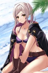Rule 34 | 1girl, absurdres, bare shoulders, belt, bikini, blurry, breasts, brown eyes, brown gloves, cleavage, depth of field, fire emblem, fire emblem awakening, fire emblem heroes, gloves, grey hair, groin, highres, jewelry, large breasts, long hair, long sleeves, necklace, nintendo, o-ring, o-ring bikini, official alternate costume, palm tree, purple bikini, reia hana, robe, robin (female) (fire emblem), robin (female) (summer) (fire emblem), robin (fire emblem), sitting, smile, solo, swimsuit, tree, twintails, underboob, wariza, water
