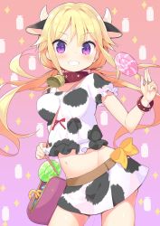 Rule 34 | 1girl, animal ears, animal print, bag, bell, belt, between breasts, blonde hair, breasts, candy, collar, commentary request, cow ears, cow girl, cow horns, cow print, cowboy shot, extra ears, food, grin, highres, horns, lollipop, long hair, looking at viewer, low twintails, magia record: mahou shoujo madoka magica gaiden, mahou shoujo madoka magica, midriff, miniskirt, mitsuki felicia, mitsuki felicia (halloween costume), navel, neck bell, print shirt, print skirt, puffy short sleeves, puffy sleeves, purple eyes, shirt, short sleeves, skirt, smile, solo, strap between breasts, swirl lollipop, tam-u, twintails, wristband