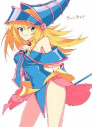 Rule 34 | 1girl, bare shoulders, blonde hair, breasts, choker, contrapposto, dark magician girl, duel monster, feet out of frame, green eyes, hair between eyes, hat, large breasts, long hair, looking at viewer, smile, solo, standing, sunanogimo, wand, white background, wizard hat, yu-gi-oh!, yu-gi-oh! duel monsters