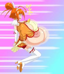 Rule 34 | 10s, 1girl, blush, breast expansion, breasts, bursting breasts, cure sunny, female focus, gigantic breasts, high heels, hino akane (smile precure!), kibino ido, large areolae, nipples, open mouth, orange hair, precure, smile precure!