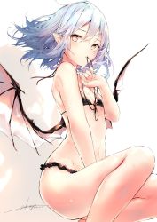 Rule 34 | 1girl, alternate eye color, artist name, bare arms, bare legs, bare shoulders, bat wings, bikini, black bikini, blue hair, commentary request, feet out of frame, flat chest, groin, hair between eyes, highres, looking at viewer, mouth hold, navel, no headwear, orange eyes, pointy ears, remilia scarlet, sakusyo, short hair, signature, sitting, solo, stomach, swimsuit, thighs, touhou, white background, wings