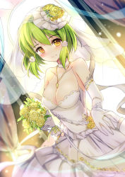 Rule 34 | 1girl, bare shoulders, bison cangshu, blush, bouquet, breasts, bridal veil, choker, cleavage, dress, elbow gloves, flower, gloves, green hair, hair flower, hair ornament, hair ribbon, jewelry, large breasts, looking at viewer, necklace, new orleans (warship girls r), ornate ring, pov, pov hands, ribbon, ring, rose, short hair, smile, solo focus, strapless, strapless dress, tress ribbon, veil, warship girls r, wedding, wedding dress, wedding ring, white dress, white gloves, yellow eyes, yellow flower, yellow rose