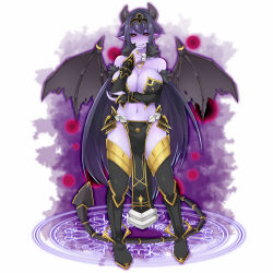 Rule 34 | 1girl, bare shoulders, black hair, black sclera, breasts, brll, colored sclera, colored skin, demon girl, demon wings, detached sleeves, full body, large breasts, long hair, navel, purple skin, solo, standing, tachi-e, tokyo tenma, very long hair, white background, wings
