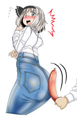 Rule 34 | 1girl, ^^^, alternate costume, ass, ass rubbing, black bow, blue eyes, blush, bow, crim0718, denim, dress shirt, flying sweatdrops, food, grey hair, hair ribbon, hand up, high-waist pants, highres, huge ass, jeans, konpaku youmu, looking at viewer, looking back, mutsunari (crim0718), on ass, open mouth, pants, ribbon, round teeth, sausage, sexually suggestive, shirt, simple background, solo focus, stitches, surprised, teeth, thighs, too literal, touhou, white background, white shirt