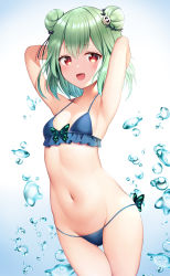 Rule 34 | 1girl, :d, absurdres, armpits, arms behind head, bikini, blue bikini, breasts, commentary request, double bun, green hair, hair bun, hair ornament, highres, hololive, looking at viewer, navel, open mouth, red eyes, short hair, skull hair ornament, small breasts, smile, solo, swimsuit, uruha rushia, utekiro, virtual youtuber