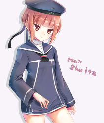 Rule 34 | 10s, 1girl, bad id, bad pixiv id, beret, brown eyes, brown hair, character name, clothes writing, dress, hat, kantai collection, maronie., personification, sailor collar, sailor dress, sailor hat, short hair, solo, z3 max schultz (kancolle)