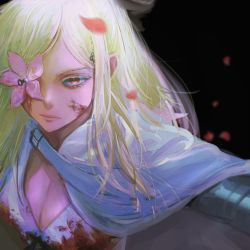 1girl, black background, blonde hair, blood, blood on face, bloody clothes, bow, breasts, cleavage, commentary, drag-on dragoon, drag-on dragoon 3, dress, flower, flower eyepatch, hair bow, hair ornament, hairpin, highres, long hair, mechanical arms, outstretched arm, red eyes, serious, single mechanical arm, solo, upper body, zemzk, zero (drag-on dragoon)
