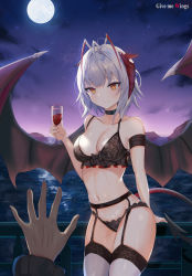 Rule 34 | 1girl, absurdres, ahoge, alcohol, antennae, arknights, armband, bare arms, bare shoulders, black bra, black choker, black panties, bra, breasts, choker, cleavage, collarbone, commentary, cowboy shot, cup, demon tail, demon wings, drinking glass, full moon, garter belt, groin, hand up, highres, holding, holding cup, horns, huge filesize, looking at viewer, medium breasts, moon, nail polish, navel, night, night sky, orange eyes, outdoors, panties, panties over garter belt, pov, railing, red nails, short hair, silver hair, sky, smile, solo focus, standing, stomach, tail, thighhighs, thighs, underwear, underwear only, w (arknights), white thighhighs, wine, wine glass, wings, xxdentera