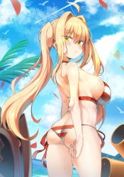 Rule 34 | 1girl, ahoge, ass, bikini, blonde hair, breasts, butt crack, duplicate, fate/grand order, fate (series), green eyes, hair intakes, highres, k pring, large breasts, looking at viewer, looking back, nero claudius (fate), nero claudius (fate) (all), nero claudius (swimsuit caster) (fate), red bikini, side-tie bikini bottom, skindentation, solo, striped bikini, striped clothes, swimsuit, twintails