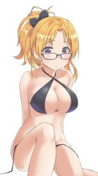 Rule 34 | 1girl, aimobake, bare arms, bare shoulders, bikini, black-framed eyewear, black bikini, black bow, blonde hair, bow, breasts, cleavage, closed mouth, collarbone, commentary request, criss-cross halter, earrings, glasses, hair bow, halterneck, highres, idolmaster, idolmaster cinderella girls, jewelry, kiryu tsukasa (idolmaster), large breasts, long hair, looking at viewer, looking over eyewear, parted bangs, ponytail, purple eyes, simple background, sitting, solo, swimsuit, thighs, untied bikini, white background