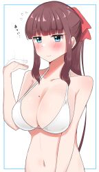 Rule 34 | 1girl, absurdres, bikini, blue eyes, blunt bangs, blush, bow, breasts, brown hair, cleavage, closed mouth, collarbone, fanning self, flying sweatdrops, hair ribbon, halterneck, highres, large breasts, long hair, looking at viewer, mole, mole on breast, motion lines, navel, new game!, ponytail, red bow, red ribbon, ribbon, sidelocks, simple background, solo, swimsuit, takimoto hifumi, upper body, white background, white bikini, yyamashii