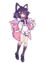 Rule 34 | 1girl, absurdres, bare shoulders, bcy, black bow, black footwear, black hair, black shirt, black socks, bow, cat hair ornament, charm (object), full body, hair bow, hair ornament, hand up, high-waist shorts, highres, holding, holding stuffed toy, jacket, kneehighs, loafers, long sleeves, medium hair, miao jiujiu, necktie, off shoulder, pink jacket, ponytail, red eyes, shirt, shoes, short shorts, shorts, sidelocks, sleeveless, sleeveless shirt, smile, socks, solo, standing, stuffed alpaca, stuffed toy, thigh strap, white background, white necktie, white shorts, xianyudian laoban