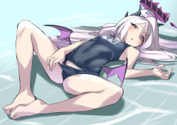 Rule 34 | 1girl, absurdres, adjusting clothes, adjusting swimsuit, ahoge, barefoot, blue archive, blue one-piece swimsuit, commentary request, demon girl, demon horns, demon wings, fukuinu, groin, hair between eyes, halo, highres, hina (blue archive), hina (swimsuit) (blue archive), horns, in water, long hair, looking at viewer, lying, name tag, official alternate costume, on back, one-piece swimsuit, one side up, outstretched arms, parted bangs, parted lips, purple eyes, school swimsuit, school swimsuit flap, sidelocks, sleeveless, solo, spread arms, swimsuit, translation request, white hair, wings