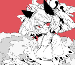 Rule 34 | 1girl, animal ears, breasts, closed mouth, futatsuiwa mamizou, glasses, looking to the side, massakasama, medium breasts, monochrome, raccoon ears, raccoon tail, red background, see-through, short hair, simple background, smile, solo, spot color, tail, touhou, upper body