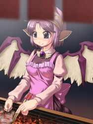 Rule 34 | 1girl, animal ears, apron, blurry, cooking, depth of field, female focus, food stand, grill, hot, mystia lorelei, pink hair, purple eyes, smile, solo, sweat, touhou, wings, you naka
