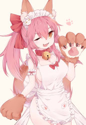 Rule 34 | 1girl, :3, animal ears, animal hands, apron, bad id, bad pixiv id, bell, breasts, cleavage, collar, fang, fate/grand order, fate (series), fox ears, fox tail, hair ribbon, highres, large breasts, long hair, looking at viewer, maid headdress, naked apron, neck bell, no bra, one eye closed, open mouth, pink hair, ribbon, sideboob, solo, tail, tamamo (fate), tamamo cat (fate), tamamo cat (third ascension) (fate), tamamo no mae (fate/extra), yellow eyes