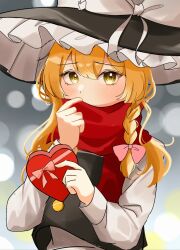 Rule 34 | 1girl, black hat, black jacket, blonde hair, blurry, bow, box, depth of field, hat, heart-shaped box, highres, jacket, kirisame marisa, large hat, long sleeves, pink bow, red scarf, scarf, scarf over mouth, shirt, sketch, solo, temmie (temi maru), touhou, valentine, white bow, white shirt, witch hat, yellow eyes