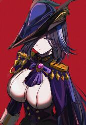 Rule 34 | 1girl, absurdres, ascot, breasts, brooch, capelet, clorinde (genshin impact), commentary, epaulettes, framed breasts, genshin impact, hair over one eye, hat, highres, impossible clothes, impossible shirt, jewelry, large breasts, long hair, looking at viewer, purple ascot, purple capelet, purple eyes, purple hair, red background, ritou08, shirt, simple background, solo, tricorne, upper body, very long hair, vision (genshin impact), white shirt