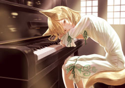 Rule 34 | 1girl, album cover, animal ear fluff, animal ears, blonde hair, chair, commentary, cover, feet out of frame, fox ears, fox girl, fox tail, green ribbon, head rest, instrument, kudamaki tsukasa, kyuu umi, leaning forward, light rays, lips, looking at viewer, looking to the side, on chair, parted lips, piano, ribbon, romper, short hair, short sleeves, sitting, solo, swept bangs, tail, touhou, upright piano, white romper, window, yellow eyes