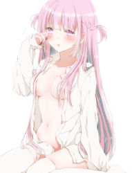 Rule 34 | 1girl, blush, breasts, colored inner hair, hair censor, hiro (hirohiro31), hololive, long hair, medium breasts, minato aqua, multicolored hair, navel, open clothes, open shirt, pink eyes, pink hair, shirt, sitting, solo, thighhighs, two-tone hair, virtual youtuber, wariza, white background, white shirt, white thighhighs