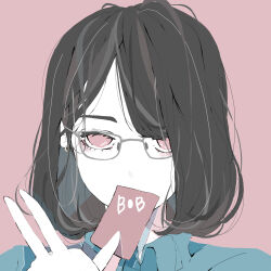 Rule 34 | 1girl, absurdres, blue shirt, bob cut, brown hair, card, collared shirt, covering own mouth, earrings, glasses, grey-framed eyewear, highres, holding, holding card, jewelry, long bangs, long hair, medium hair, no pupils, nocopyrightgirl, original, pale skin, parted bangs, portrait, red background, red eyes, shirt, sidelocks, simple background, solo, straight-on, v