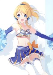 Rule 34 | 1girl, 6u (eternal land), absurdres, ayase eli, bare shoulders, blonde hair, blue eyes, blue gloves, blush, breasts, character name, cheerleader, collarbone, dual wielding, elbow gloves, frills, gloves, headset, highres, holding, long hair, love live!, love live! school idol project, medium breasts, midriff, miniskirt, navel, open mouth, pom pom (cheerleading), scan, shadow, simple background, skirt, solo, strapless, thighhighs, tube top, white thighhighs, zettai ryouiki