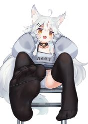 Rule 34 | 1girl, absurdres, ahoge, animal ear fluff, animal ears, black thighhighs, blush, collar, commission, commissioner upload, english text, fang, feet, female focus, foot focus, foreshortening, hair ornament, hairclip, highres, hood, indie virtual youtuber, kamiko kana, kilabo, multicolored hair, open mouth, panties, sitting, skeb commission, sleeves past fingers, sleeves past wrists, solo, striped, tail, thighhighs, underwear, virtual youtuber, white hair